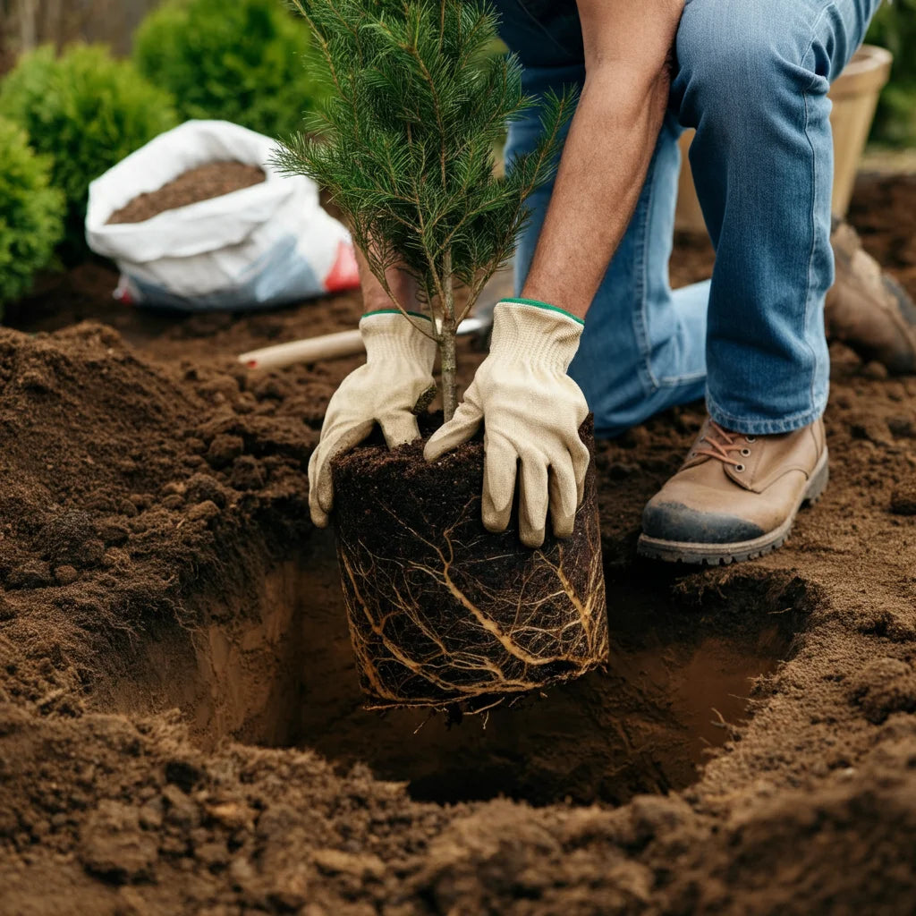 Gardener planting a balled-and-burlapped privacy tree showing proper hole depth and root ball placement