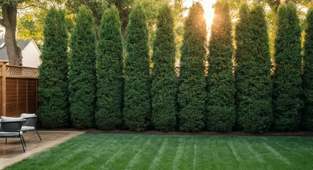 Center the main subject in the middle of the image with space above and below for 16:9 formatting. Photo-realistic wide horizontal garden photography of a beautifully landscaped small suburban backyar...