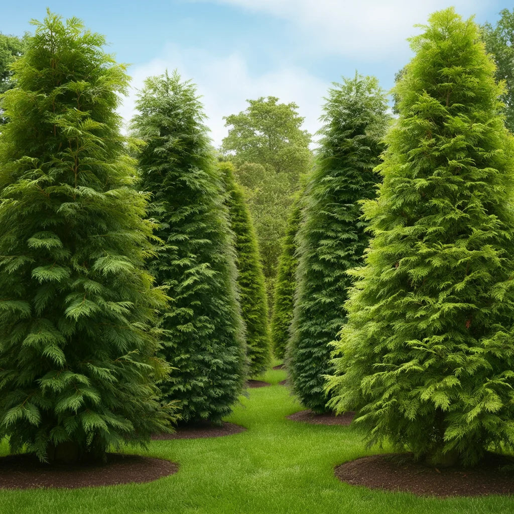 Mixed privacy planting combining evergreen and deciduous trees at different heights for layered screening