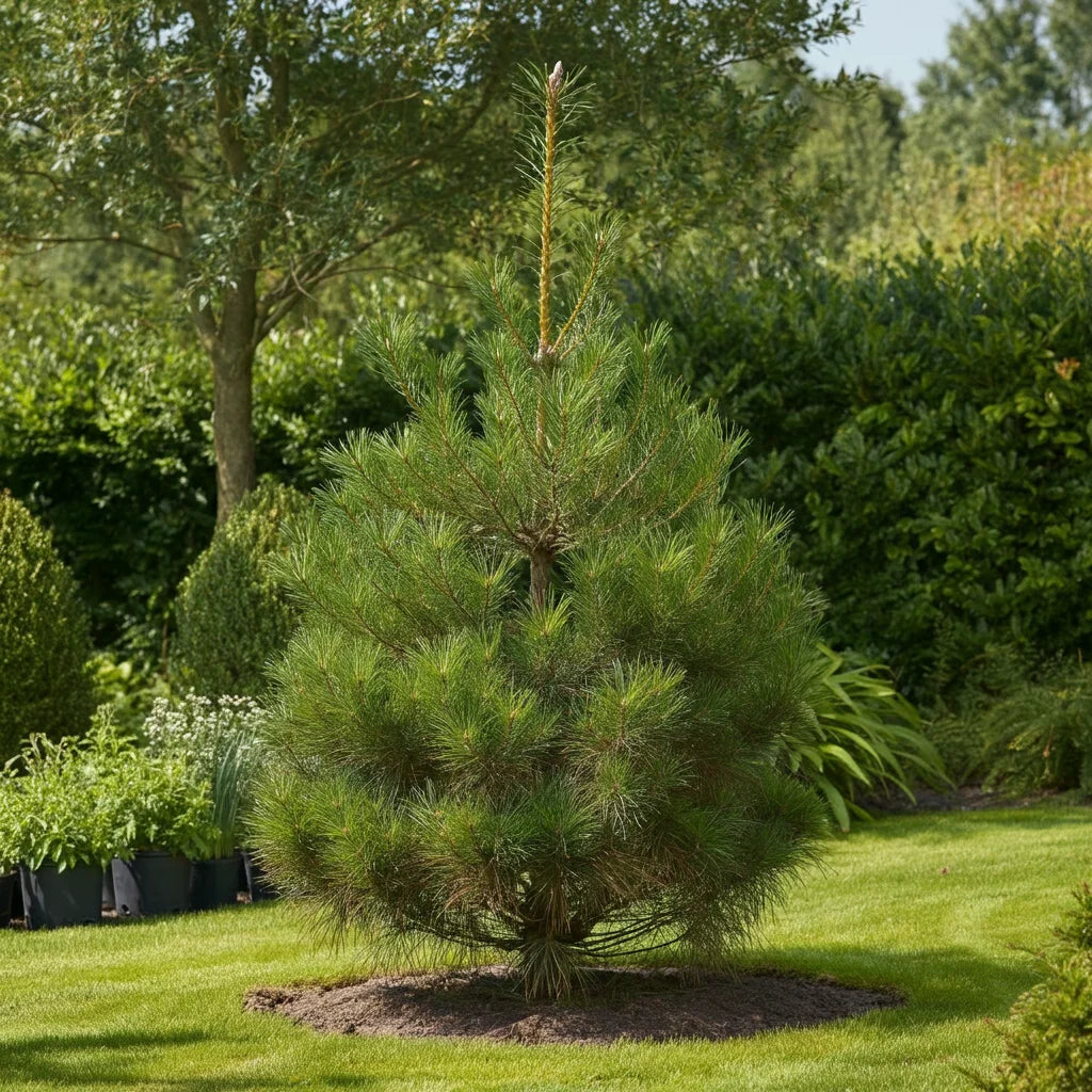 Overhead diagram comparing single row and staggered double row pine tree planting patterns for privacy