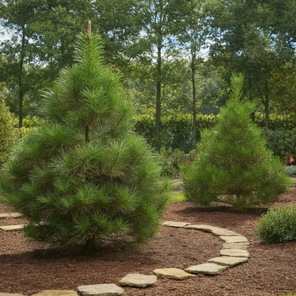 Side-by-side comparison of overcrowded versus properly spaced pine trees for privacy screening