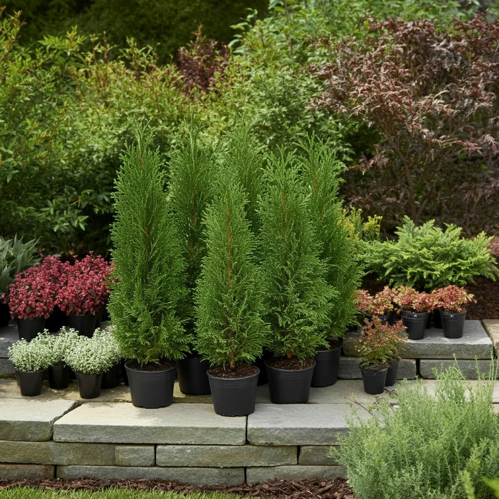 Step-by-step cedar tree planting process showing hole preparation and root ball placement