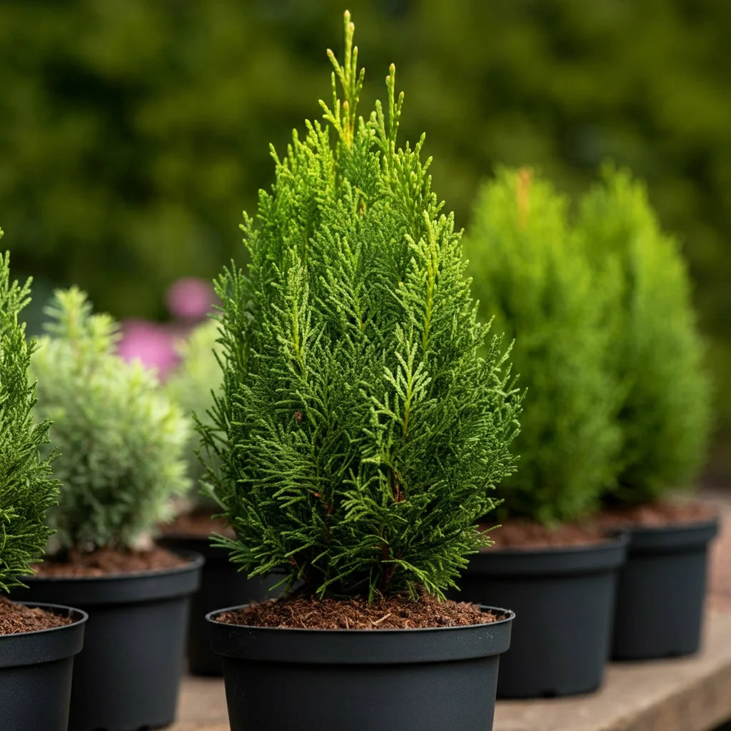 Prepared planting site with spacing markers along a property line for cedar privacy trees