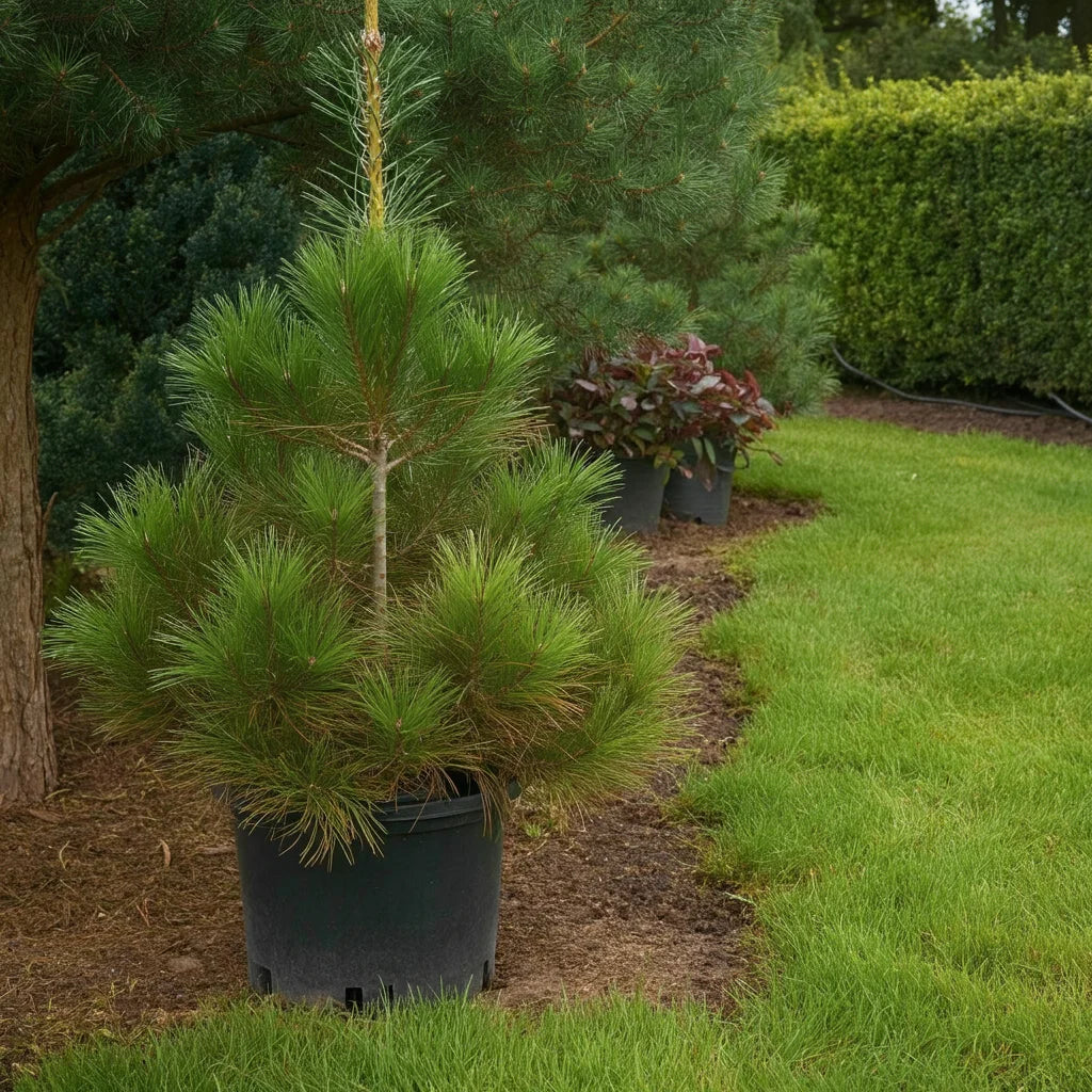 Visual guide showing recommended spacing distances for different pine tree species used for privacy screening