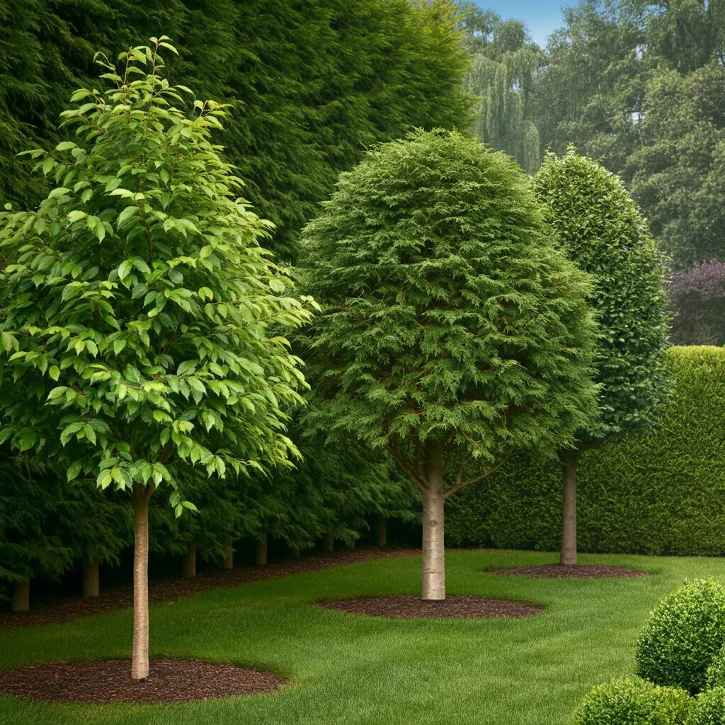Diagram showing proper spacing and planting depth for privacy trees along a property line