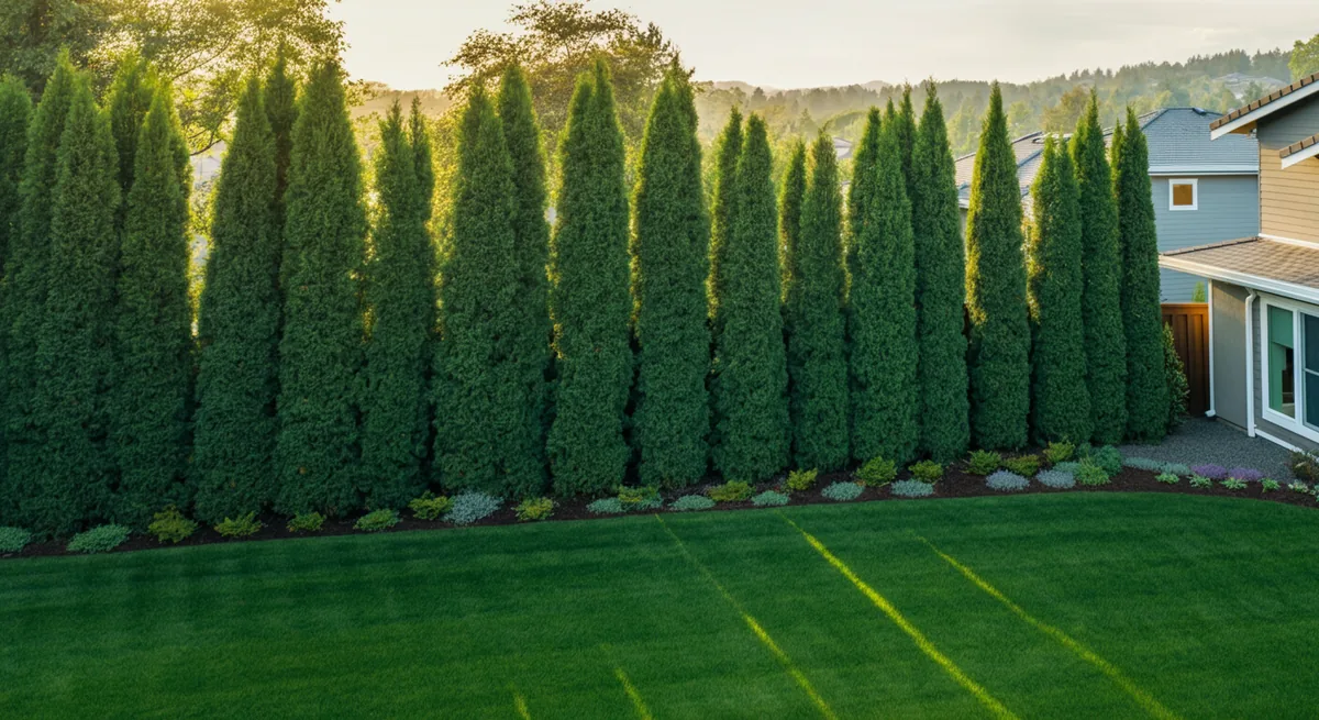 Center the main subject in the middle of the image with space above and below for 16:9 formatting. Photo-realistic wide aerial-perspective lifestyle scene of a beautifully landscaped suburban backyard...