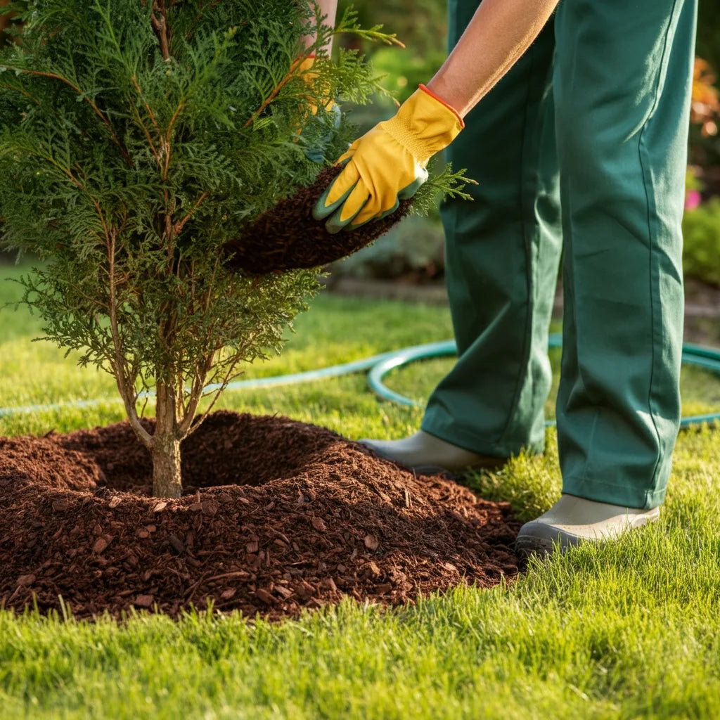 Properly mulched base of a newly planted arborvitae showing correct mulch depth and spacing from trunk