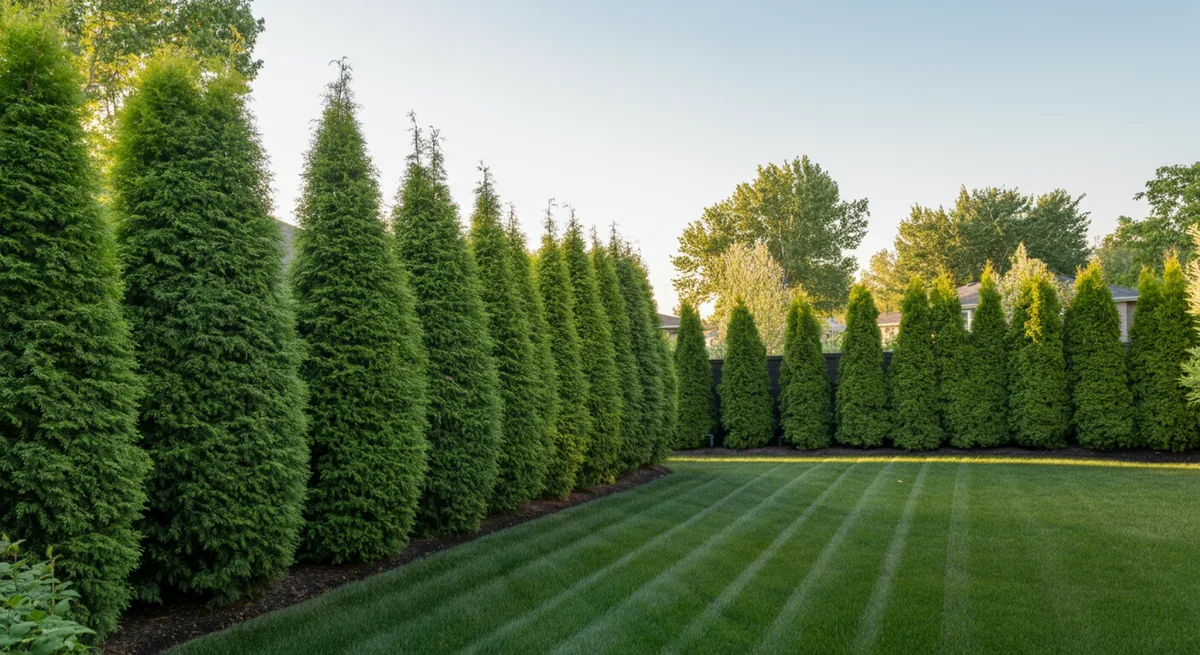 Center the main subject in the middle of the image with space above and below for 16:9 formatting. Photo-realistic wide landscape scene showing a beautifully established row of tall, dense privacy tre...