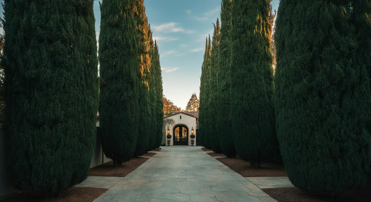 Center the main subject in the middle of the image with space above and below for 16:9 formatting. Photo-realistic wide horizontal hero shot of a stunning California residential property with a mature...