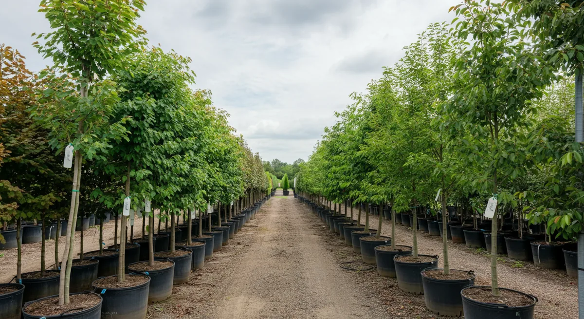 Center the main subject in the middle of the image with space above and below, professional nursery photography of premium mature privacy trees displayed in organized rows, showing various species and...