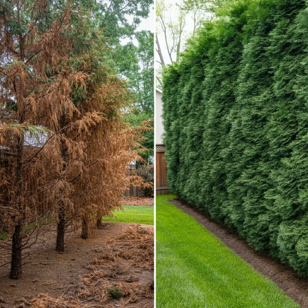 Visual comparison of different cedar varieties planted at their recommended privacy spacing distances