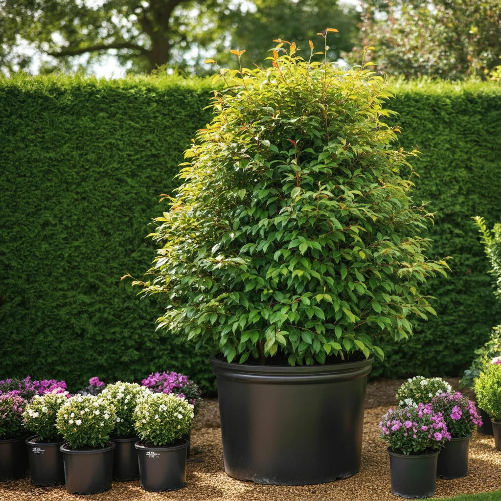 Rows of privacy trees on display at a local garden center nursery