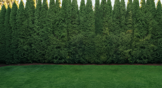Center the main subject in the middle of the image with space above and below for 16:9 formatting. Photo-realistic wide horizontal landscape photograph of a stunning mature cedar privacy screen runnin...