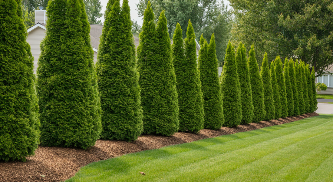 Center the main subject in the middle of the image with space above and below. Row of mature evergreen privacy trees planted along residential property line, showing healthy established screening betw...