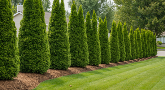 Center the main subject in the middle of the image with space above and below. Row of mature evergreen privacy trees planted along residential property line, showing healthy established screening betw...