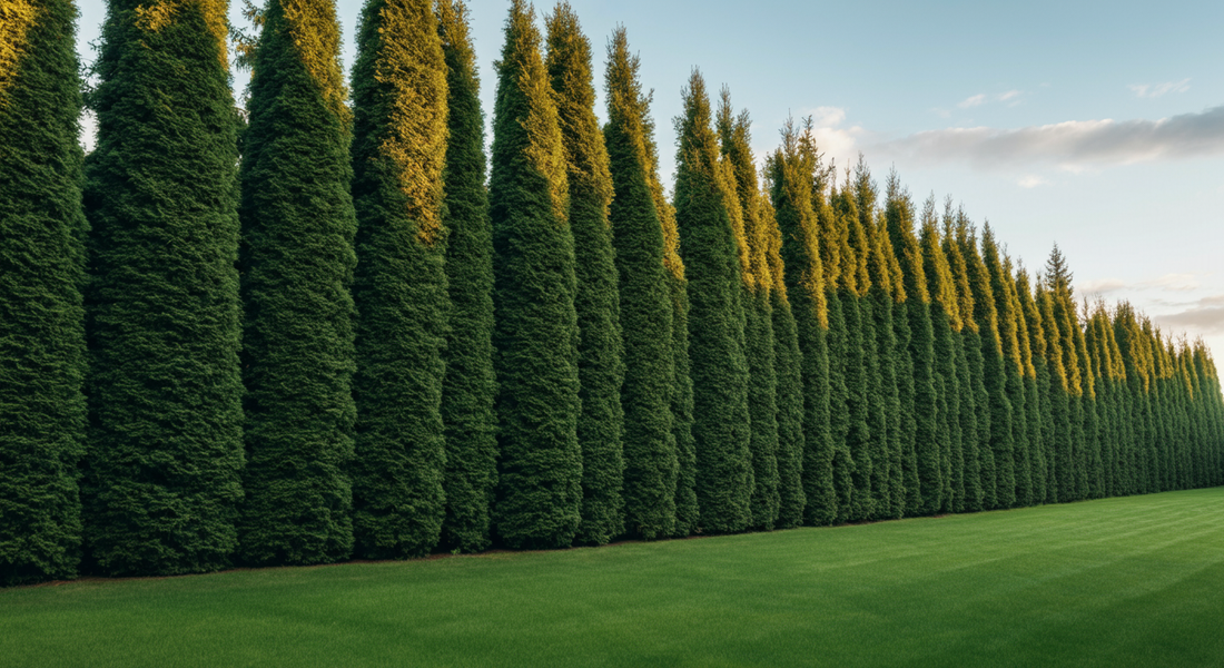 Center the main subject in the middle of the image with space above and below for 16:9 formatting. Stunning wide-angle photo-realistic landscape photography of a long, perfectly spaced row of mature p...