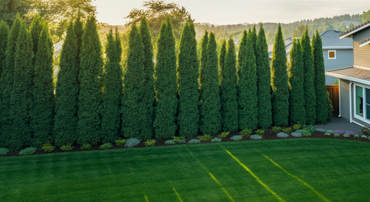 Center the main subject in the middle of the image with space above and below for 16:9 formatting. Photo-realistic wide aerial-perspective lifestyle scene of a beautifully landscaped suburban backyard...