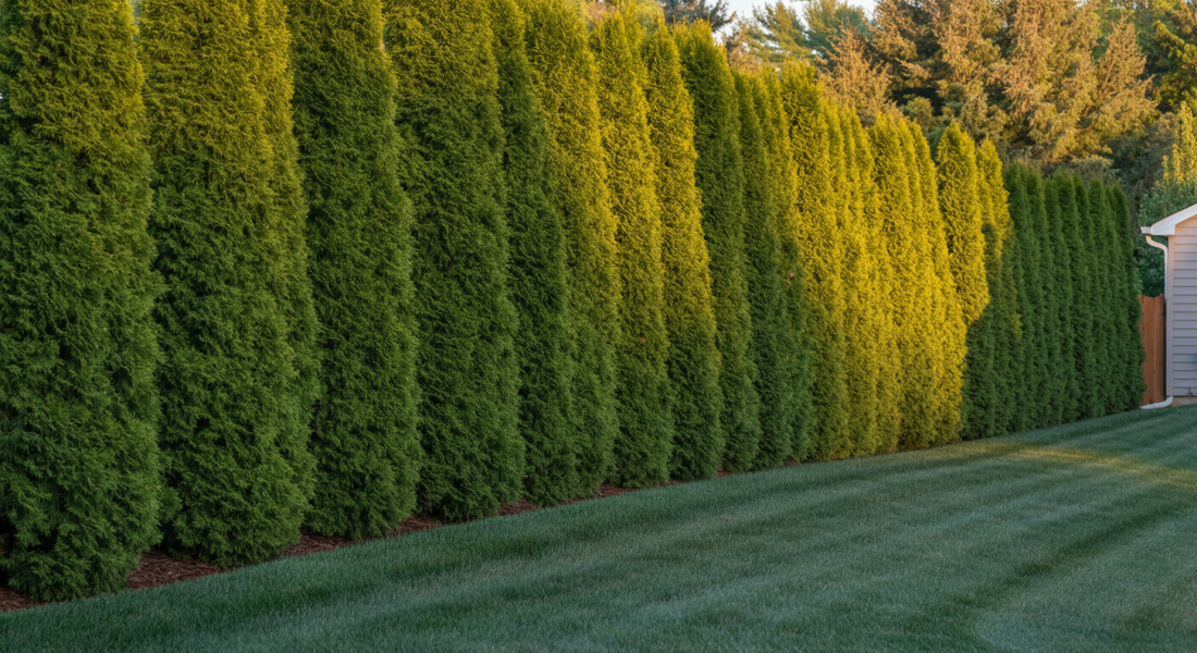 Center the main subject in the middle of the image with space above and below for 16:9 formatting. Row of mature evergreen privacy trees creating natural screen along residential property line, lush g...
