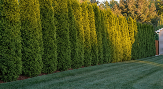 Center the main subject in the middle of the image with space above and below for 16:9 formatting. Row of mature evergreen privacy trees creating natural screen along residential property line, lush g...