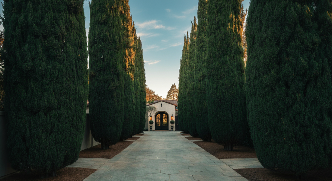 Center the main subject in the middle of the image with space above and below for 16:9 formatting. Photo-realistic wide horizontal hero shot of a stunning California residential property with a mature...