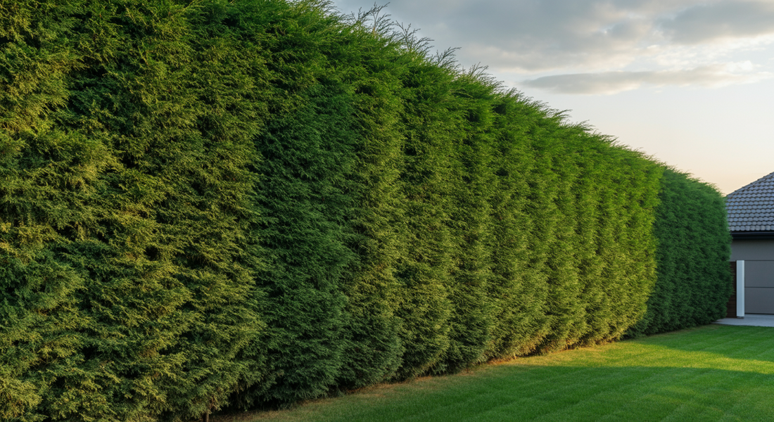Center the main subject in the middle of the image with space above and below for 16:9 formatting. Stunning photo-realistic wide-angle landscape photograph of a mature cedar privacy hedge running the ...