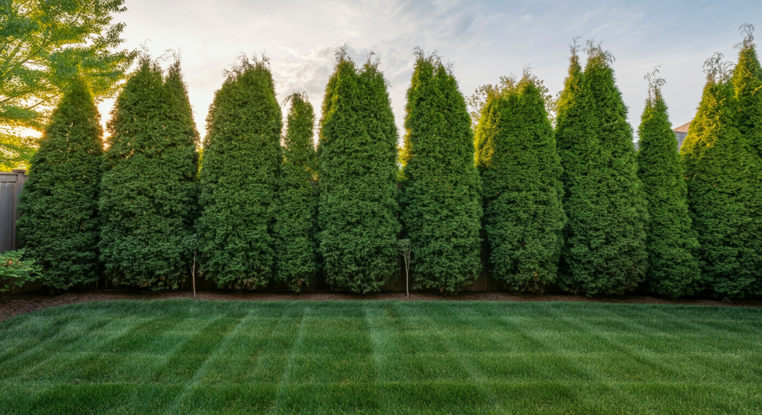 Center the main subject in the middle of the image with space above and below for 16:9 formatting. Photo-realistic, wide-angle landscape photography showcasing a beautifully established row of tall, d...