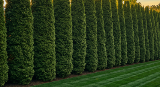 Center the main subject in the middle of the image with space above and below for 16:9 formatting. Photo-realistic wide horizontal shot of a stunning row of tall, fully mature Green Giant arborvitae p...